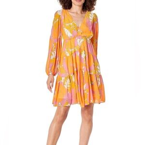 Trina Turk Floral Babydoll Mini Dress Tiered Chiffon Long Sleeve Boho Resort 70s